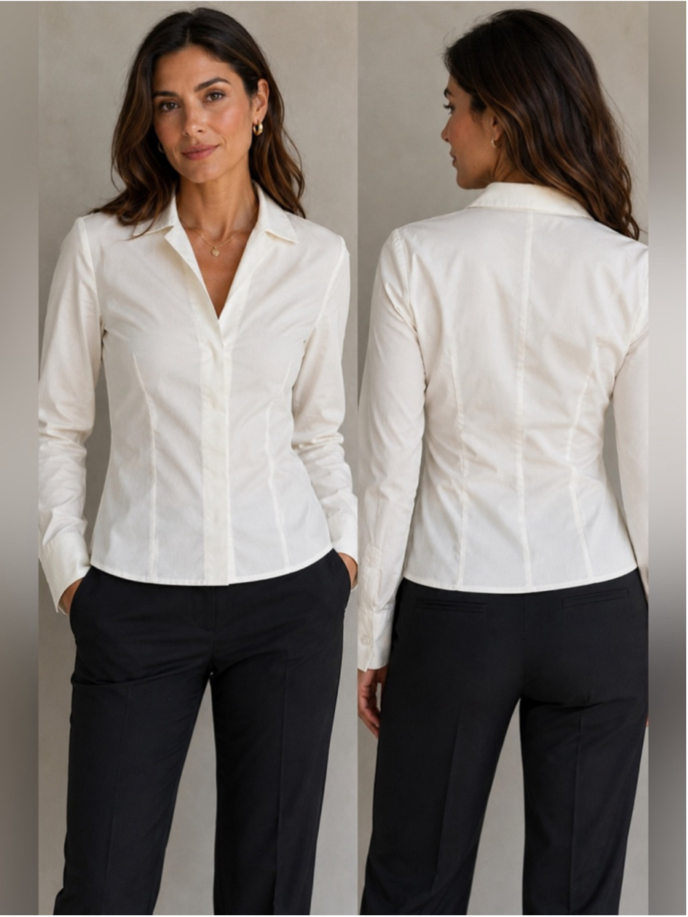 Akris Ivory Snap Front Stretch Cotton Blouse Shirt Size M Minimalist Business